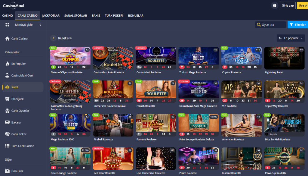 casino maxi canlı rulet masaları
